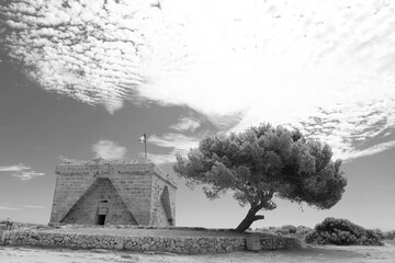 Stone fortress in Mallorca, Spain, sits near a gnarled pine tree (genus Pinus). The structure...