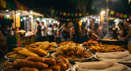 A busy night market showcasing an assortment of appetizing food from diverse cultural stalls.