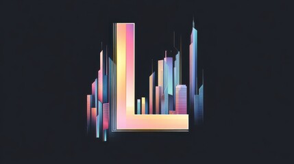 Obraz premium Letter L in pastel colors with futuristic cityscape, tall geometric buildings, glowing on dark background.