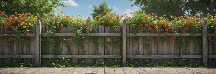Obraz premium Overgrown weathered wooden fence, climbing vines, vibrant flowers , vine, frame