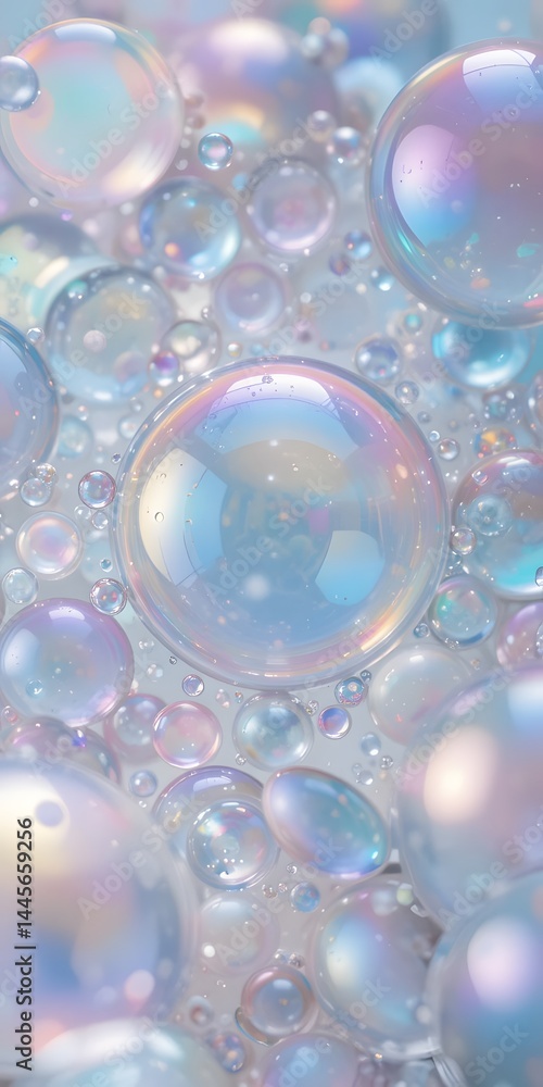 Aufkleber Iridescent Soap Bubbles, Delicate Spheres Reflect Light, Creating A Mesmerizing Abstract Pattern. The Close-up Captures The Fragile Beauty Of These Ephemeral Orbs. Their Shimmering Colors Evoke Wonder