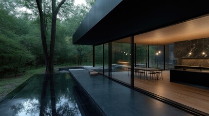 Fototapeta premium Modern home with minimalist design, nestled in a tranquil forest setting. Large glass walls showcase the interior space, blending seamlessly with the natural environment.