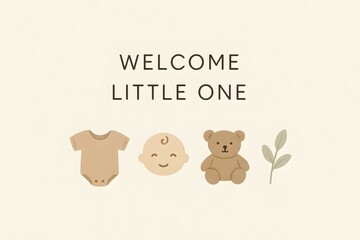 A baby-themed design featuring a onesie, a smiling baby face, a teddy bear, and a leaf, with the text Welcome Little One. Concept Baby Onesie Design, Smiling Baby Face, Cute Teddy Bear, Leaf Accent