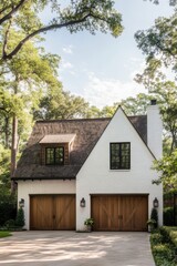 Fototapeta premium Beautifully designed modern home with rustic wooden garage doors surrounded by lush greenery on a sunny day in a tranquil neighborhood