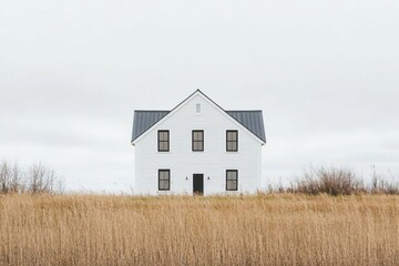 Obraz premium A picturesque white farmhouse stands gracefully amidst tall, waving grass, set against a backdrop of a cloudy sky in a serene rural landscape during daytime