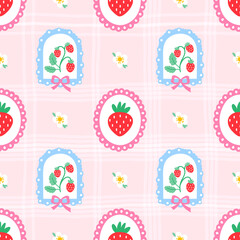 Fototapeta premium Seamless pattern with wild strawberries, checkered texture, and pastel colors. Suitable for textile design, romantic wrapping paper, and aesthetic summer prints