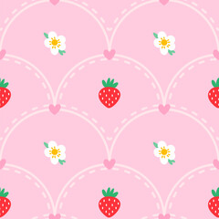 Seamless pattern featuring wild strawberries, flowers, and stitched lines. Perfect for textile prints, wrapping paper, and kawaii-style products. Minimal and charming look