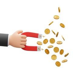 Attracting wealth concept with cartoon hand magnet and golden coins flow