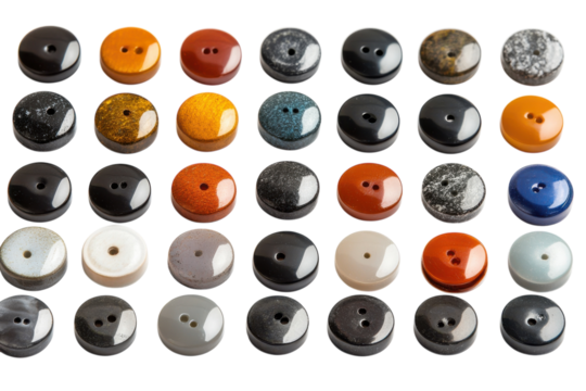 Colorful speckled buttons arranged neatly showcasing unique designs textures perfect for crafting