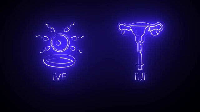 blue Neon bright IUI and IVF reproductive technology symbol. Female reproductive system. Healthy intercourse method idea.