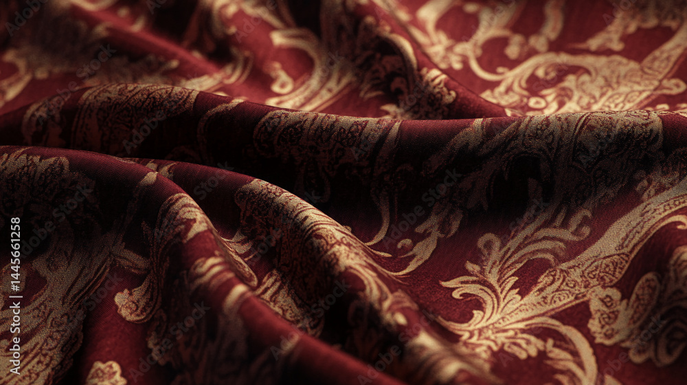 Poster dark red fabric with gold pattern, showing texture and folds, showcasing luxury and elegance, ideal 