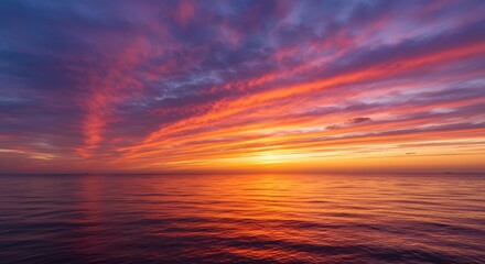 Vibrant sunset over the ocean with colorful clouds reflecting on the water surface at dusk horizon