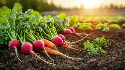 A rustic farm scene with vibrant fresh vegetables--carrots, radishes, and beets--laying on the soil, as the sun sets on the horizon.
