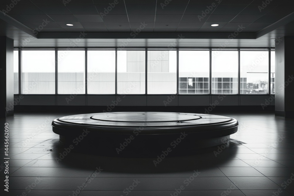 Poster a circular baggage carousel sits in a modern, brightly lit airport terminal with large windows.