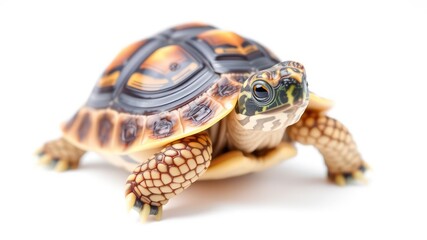 Obraz premium A baby tortoise with a patterned shell, crawling forward on a white background