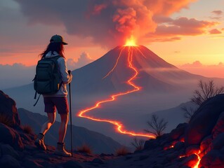 Woman hiking near erupting volcano with lava flows and smoke in natural landscape adventure illustration