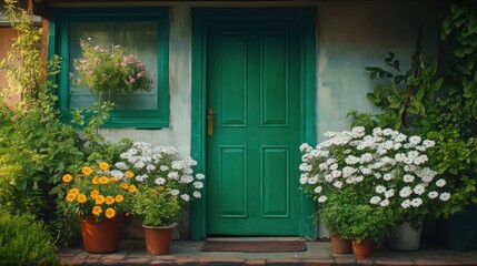 Fototapeta premium Rustic cottage entrance with vibrant flowers