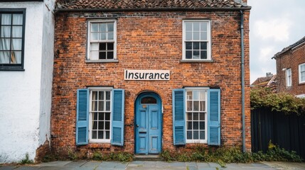 Naklejka premium Brick house with closed storm shutters, Insurance inscribed, reflecting resilience and protection in a stormy environment