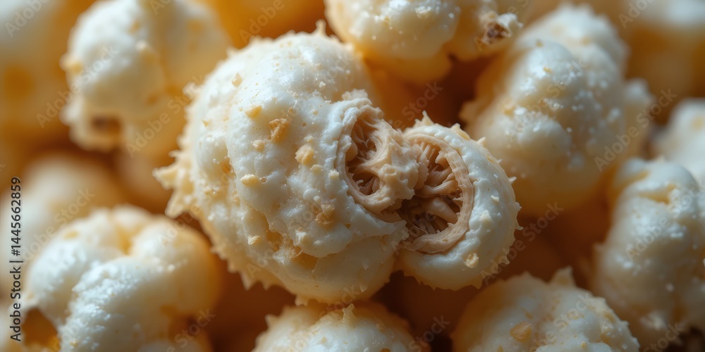Poster golden kernel closeup, a study of texture and form. popcorn is a tasty treat. the rough surface show
