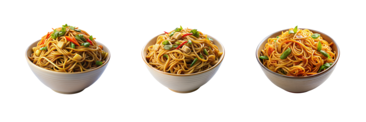 Bowl of Hakka noodles set of against a Transparent background
