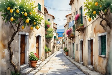 Fototapeta premium Watercolour illustration. Charming mediterranean village street with lemon trees and balconies