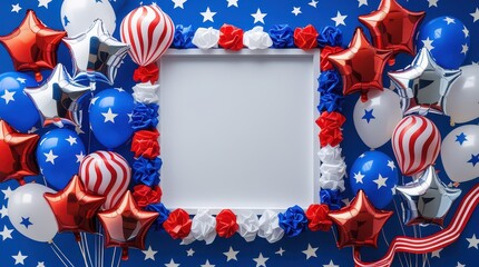 Fototapeta premium Patriotic Fourth of July Background with Blank Frame and Balloons