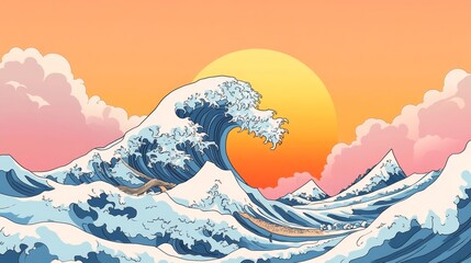 Dynamic anime illustration of a colossal wave crashing in a stormy ocean, vibrant sunset hues illuminating the turbulent sky.