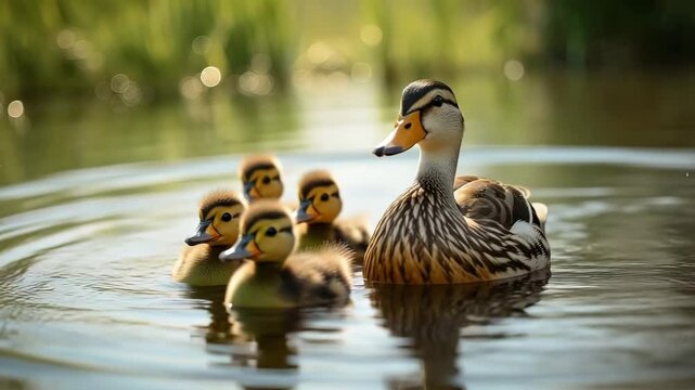 Mother duck swims peacefully with her adorable ducklings in a serene pond.