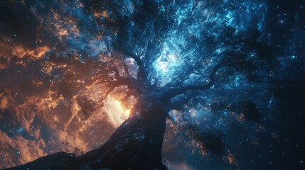 Obraz premium A sacred and vast tree that links the earth to the heavens, its trunk radiant and the space around it filled with the divine light of the cosmos.