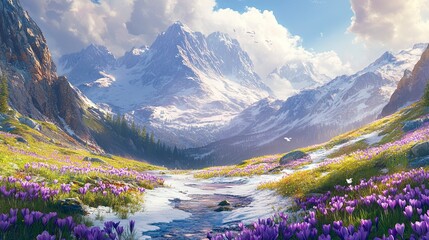 Alpine valley with melting snow and blooming crocuses, bright spring sunlight, panoramic view 