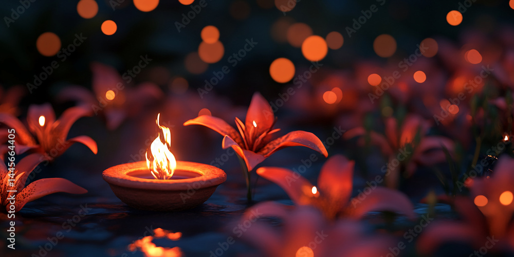 Aufkleber lit candle in a clay bowl amidst glowing lilies floating on dark water, creating a serene and magica