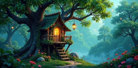 Fototapeta premium Twinkling fairy treehouse nestled among ethereal foliage , whimsical, nature
