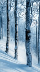 Serene winter forest scene with tall slender trees covered in snow and frost amidst a quiet foggy atmosphere du daytime with soft blue tones