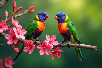 Obraz premium Two colorful birds perched on a blooming branch with vibrant pink flowers and lush greenery, Wildlife, Blooming Branch