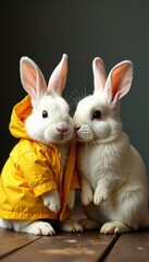 Obraz premium Two fluffy rabbits sitting in a bright yellow waterproof coat, nature, outdoor