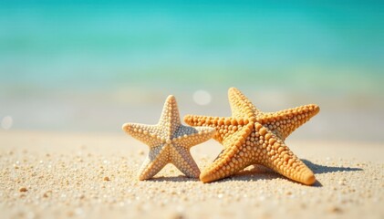 Two starfish side by side on warm sandy beach with calm turquoise water in background, underwater world, marine life