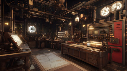 Detailed view of a workshop interior adorned with mechanical elements and timekeeping devices