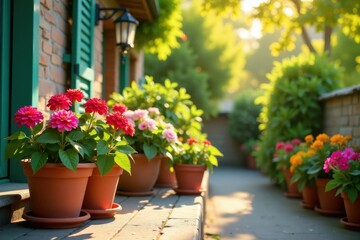 Fototapeta premium Various colorful potted flowers on a warm sunny patio , outdoor gardening, floral displays
