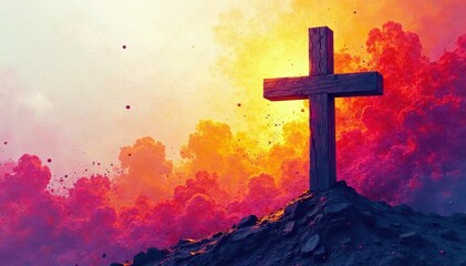 Obraz premium Vibrant abstract cross art piece with dynamic brushstrokes, symbol, design