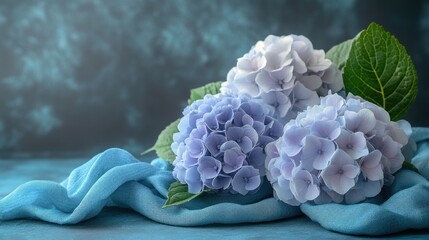 Close Up Of Hydrangea Flowers Displayed With Blue Sparkly Fabric Against Dark Textured Background