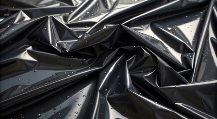 A close-up of a black glossy plastic surface with sharp, crumpled, and wrinkled textures