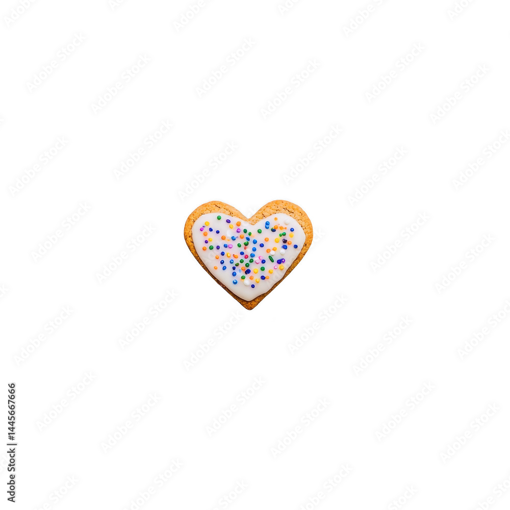 Poster heart shaped cookie with white icing and colorful sprinkles is centered on transparency background, 
