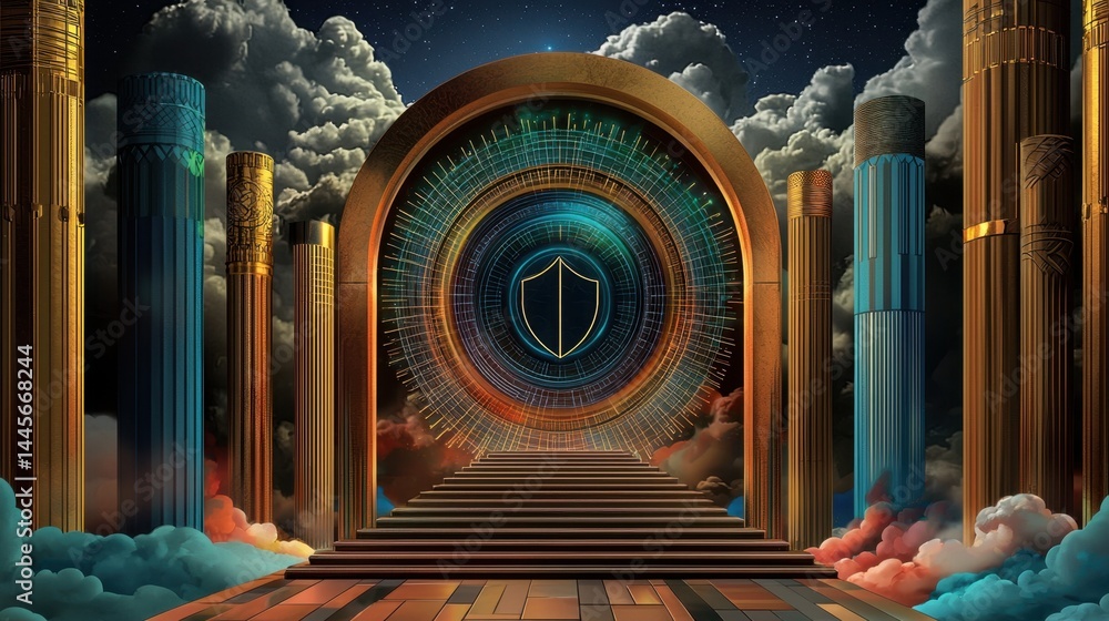 Poster abstract cyber lock with shield outline in a secure digital environment