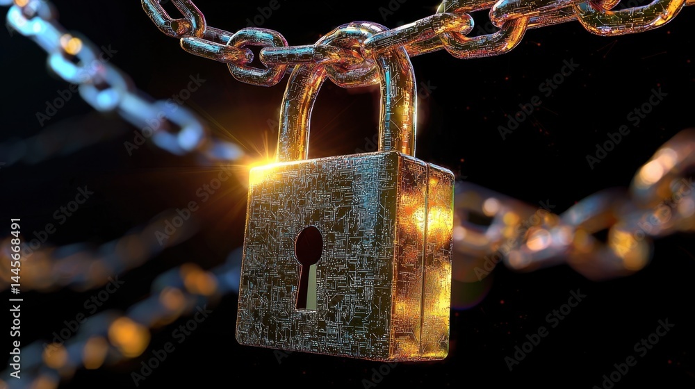 Poster abstract digital padlock with blockchain network nodes, secure digital future