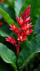 Obraz premium Vibrant coral plant with red flowers and large green leaves in a tropical garden, tropical, greenery