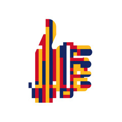 Fototapeta premium Colorful thumbs up symbol with geometric pattern in red, yellow, and blue, conveying positivity and approval. design is modern and abstract, making it visually striking