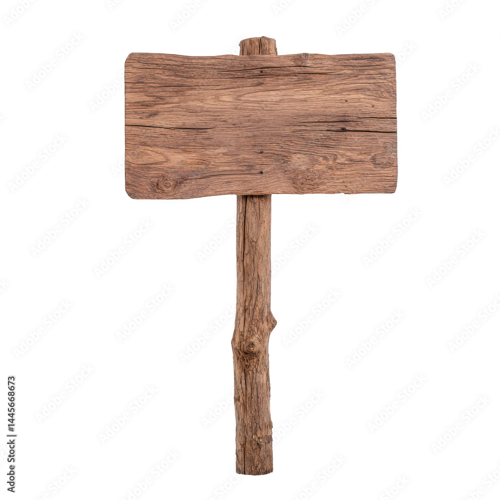 Poster rustic wooden sign with weathered texture stands on single post, evoking sense of nostalgia and simp