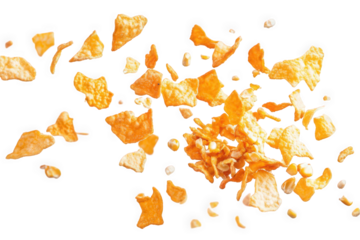 A vibrant mix of crispy orange snack pieces exploding against a white background.