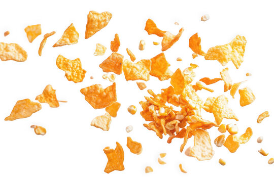 A vibrant mix of crispy orange snack pieces exploding against a white background.