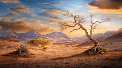 Artistic driftwood silhouette in arid landscape, mountains hazy in golden sunset light
